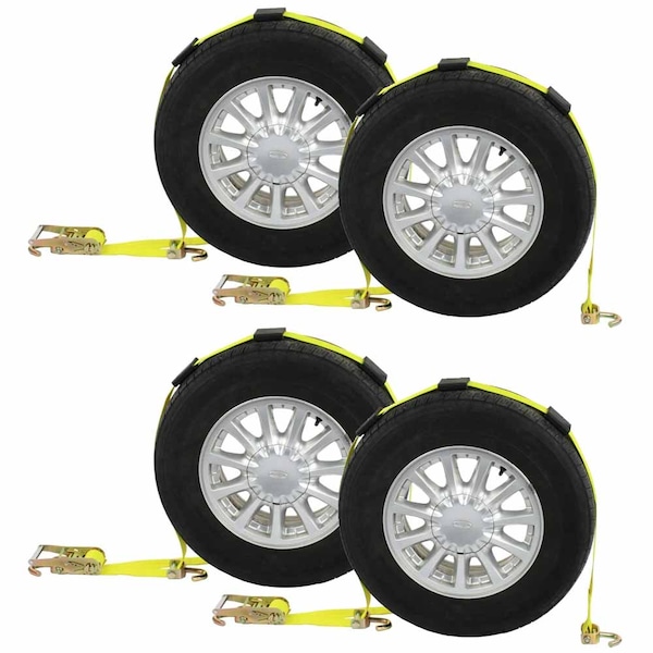 Car Carrier WheelStrap w/ Swivel Hooks, Adj. Rubber Blocks, Ratchet, 4Pk